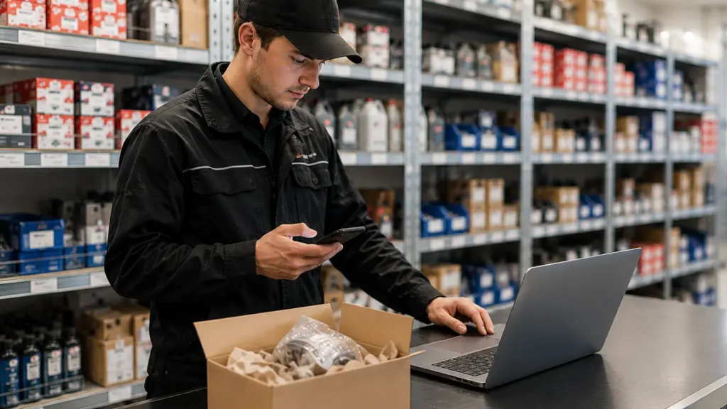 Medarbetare packar en webbshopsbeställning i en maskinverkstad – integrerad webbshop för verkstäder